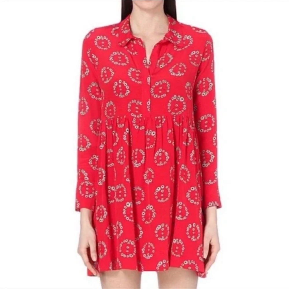 Sandro Paris Ring Rogue Silk Dress Floral Peace Sign Print Pockets Red Size S